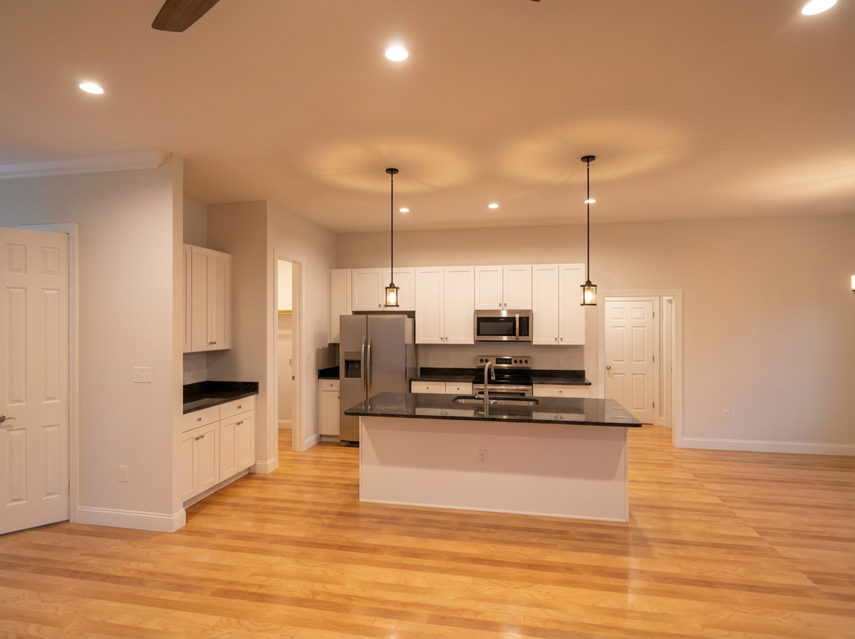 Modern kitchen with white cabinets, black countertops, and stainless steel appliances.