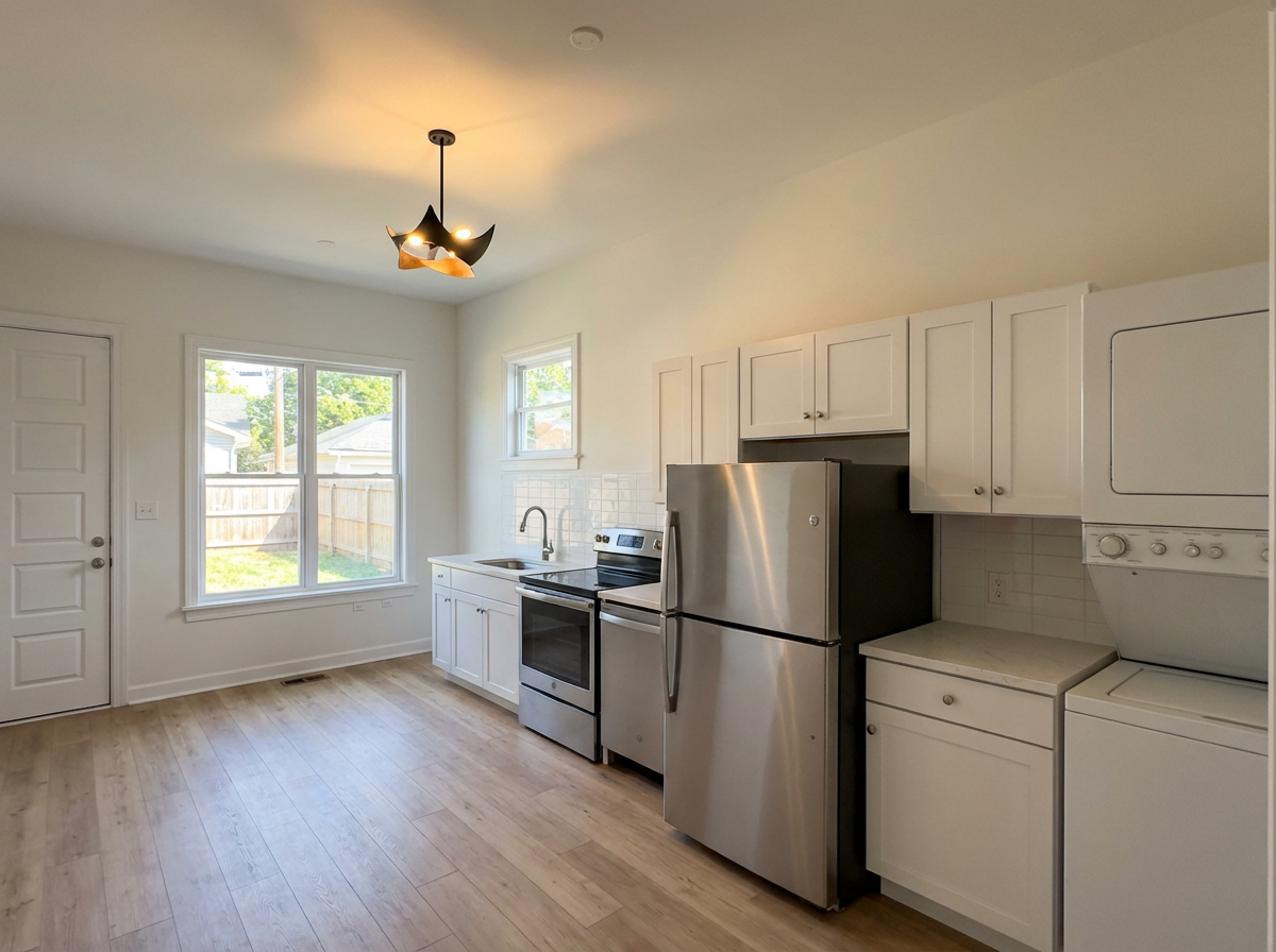 Modern kitchen with stainless steel appliances and white cabinets.