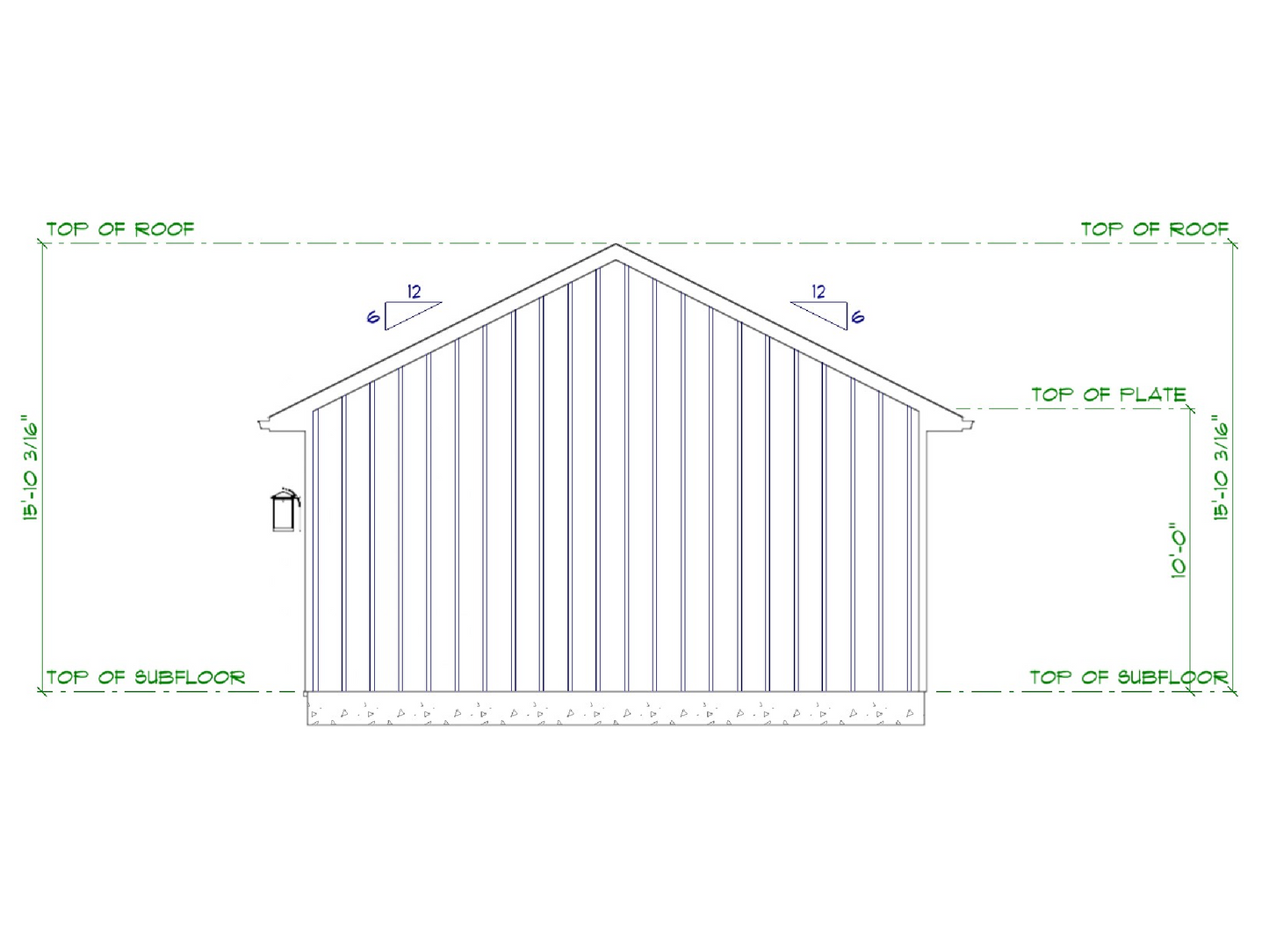 Technical drawing of a gabled roof structure with dimensions on a white background