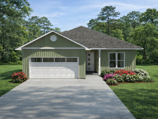 Green house with white garage door in a suburban setting