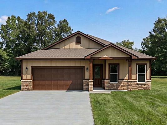 Llano 3 bedroom Texas Hill Country house plan with board and batten siding and two-car garage.