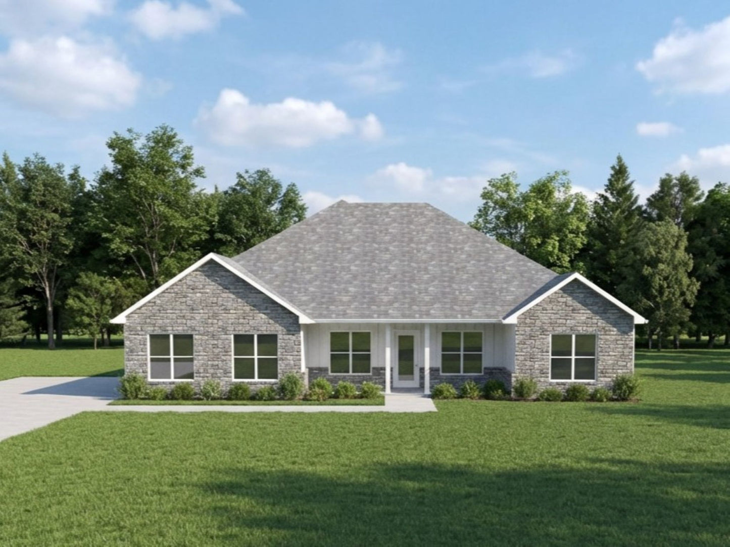 Meadowbrook exterior stylish house with gray roof and stone exterior on a green lawn with trees in the background