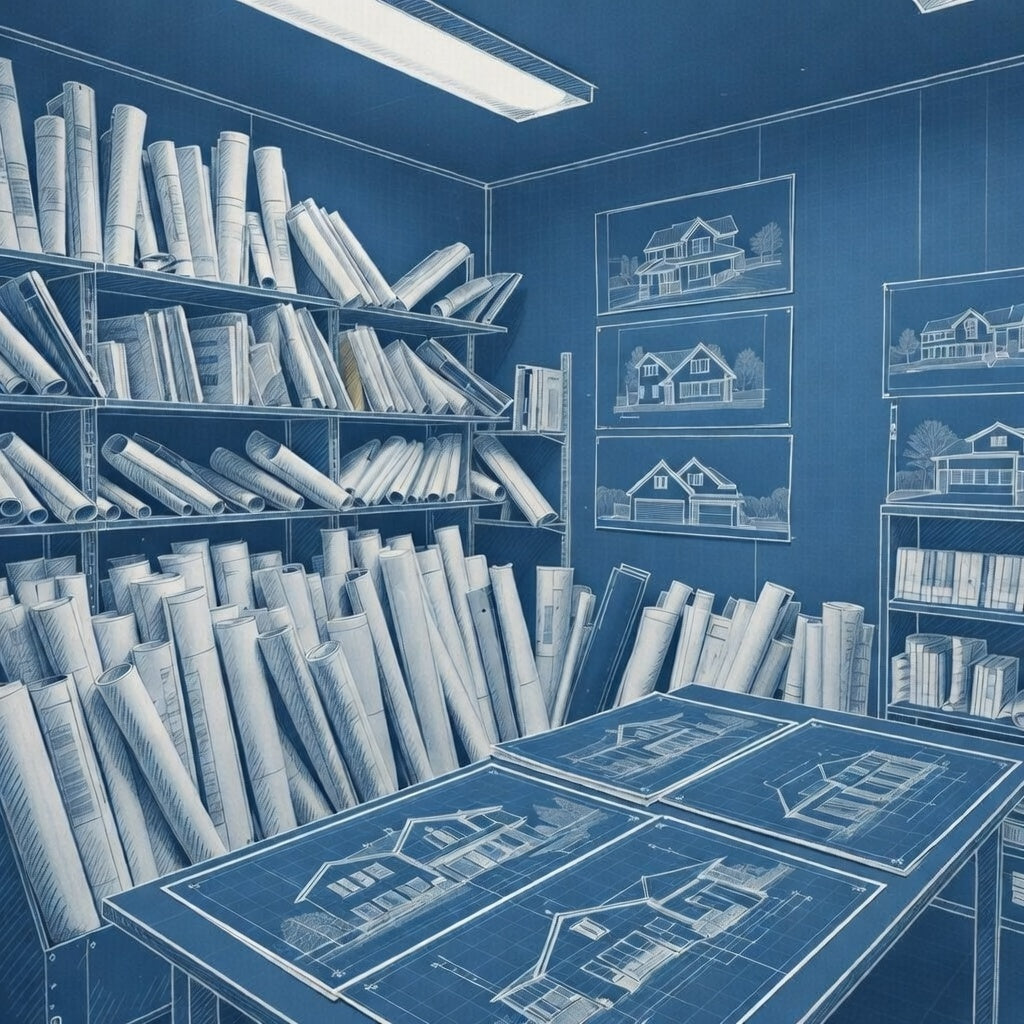Blueprints and architectural drawings organized on shelves and walls in a design studio.