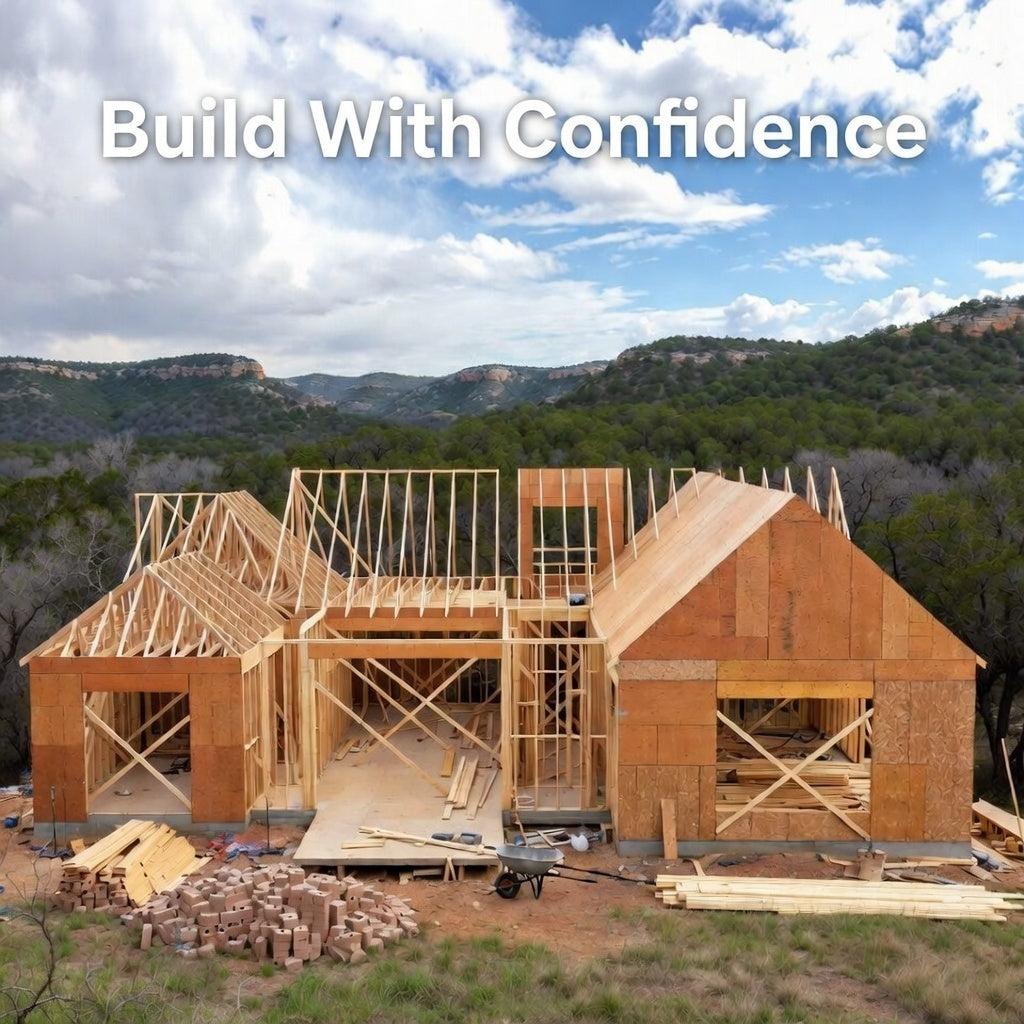 Texas home construction framing in Hill Country with 'Build With Confidence' overlay – custom plans by DAL Plans