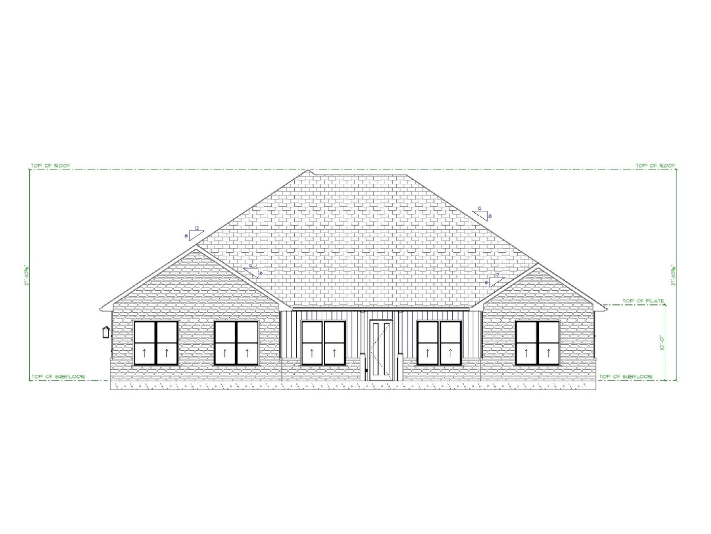 Meadowbrook house plan front elevation with brick exterior, covered porch, and symmetrical ranch design.