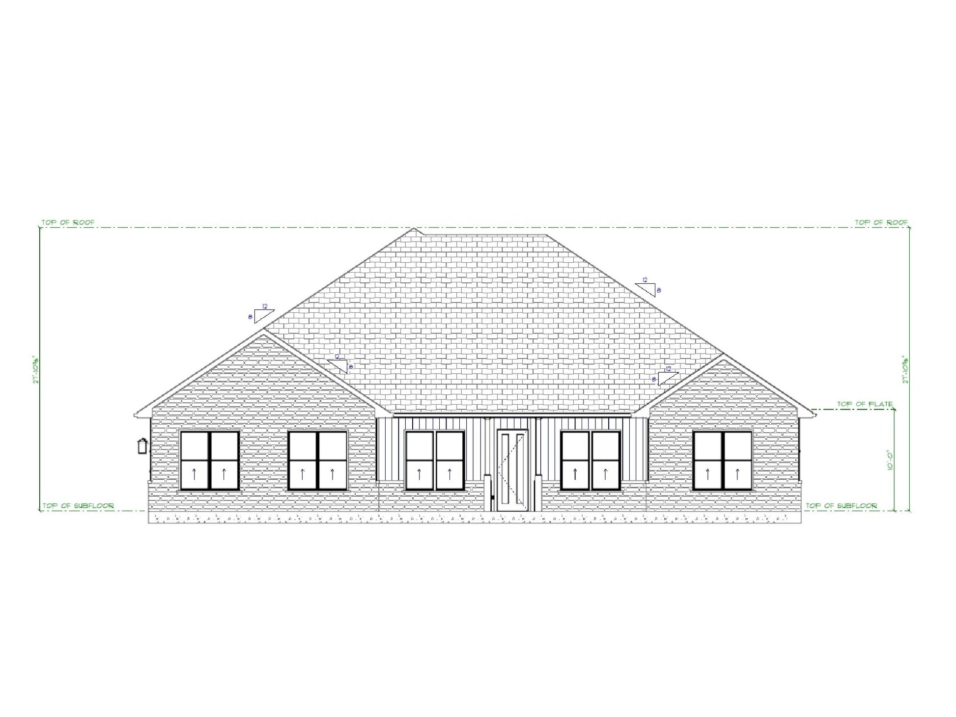 Meadowbrook house plan front elevation with brick exterior, covered porch, and symmetrical ranch design.