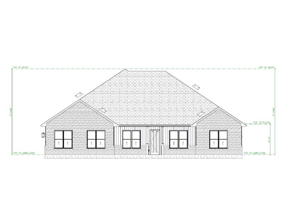 Meadowbrook house plan front elevation with brick exterior, covered porch, and symmetrical ranch design.