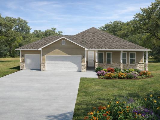 Two-car garage with a house and garden in the background