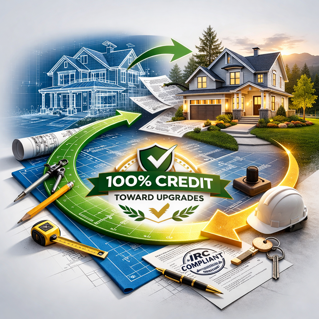 Home improvement graphic with house, blueprints, tools, and '100% Credit Toward Upgrades' text.