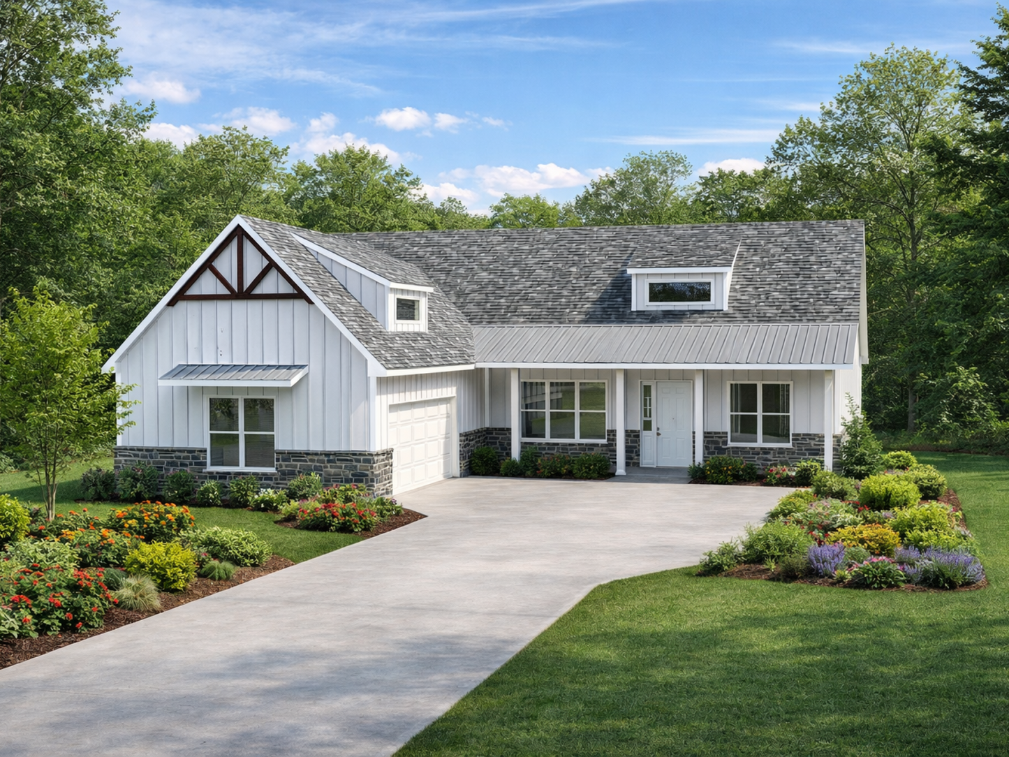 Heartland modern farmhouse exterior rendering with front porch, stone base, and courtyard entry garage