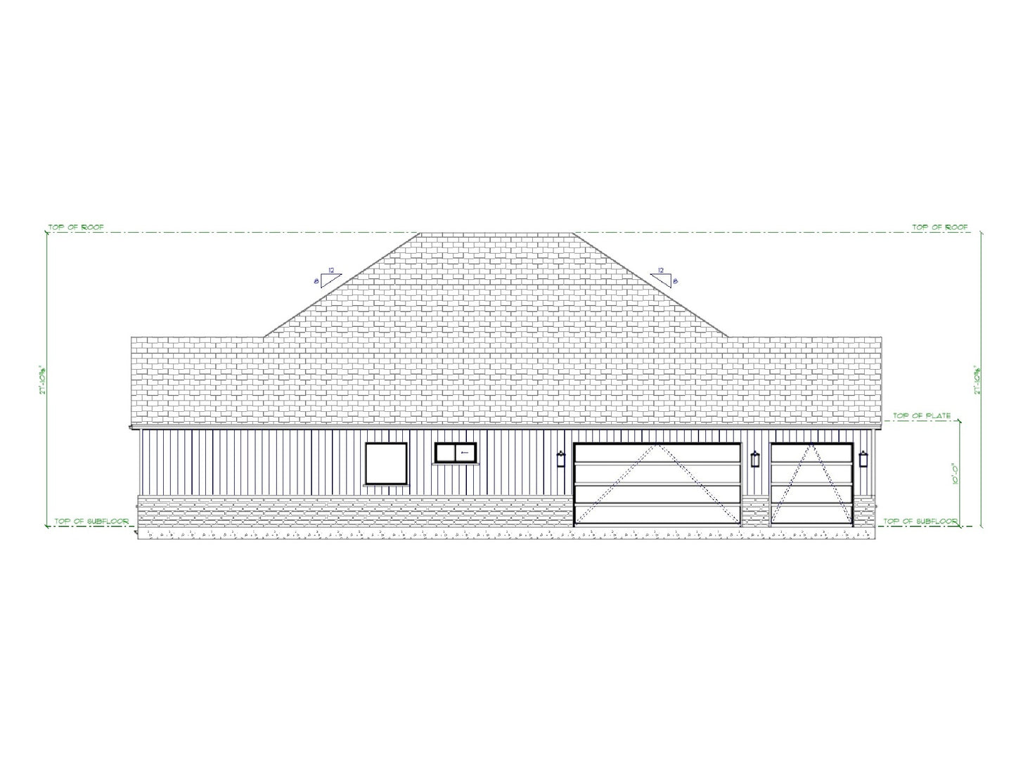 Meadowbrook house plan side elevation with 3 car garage, board and batten siding, and brick base.