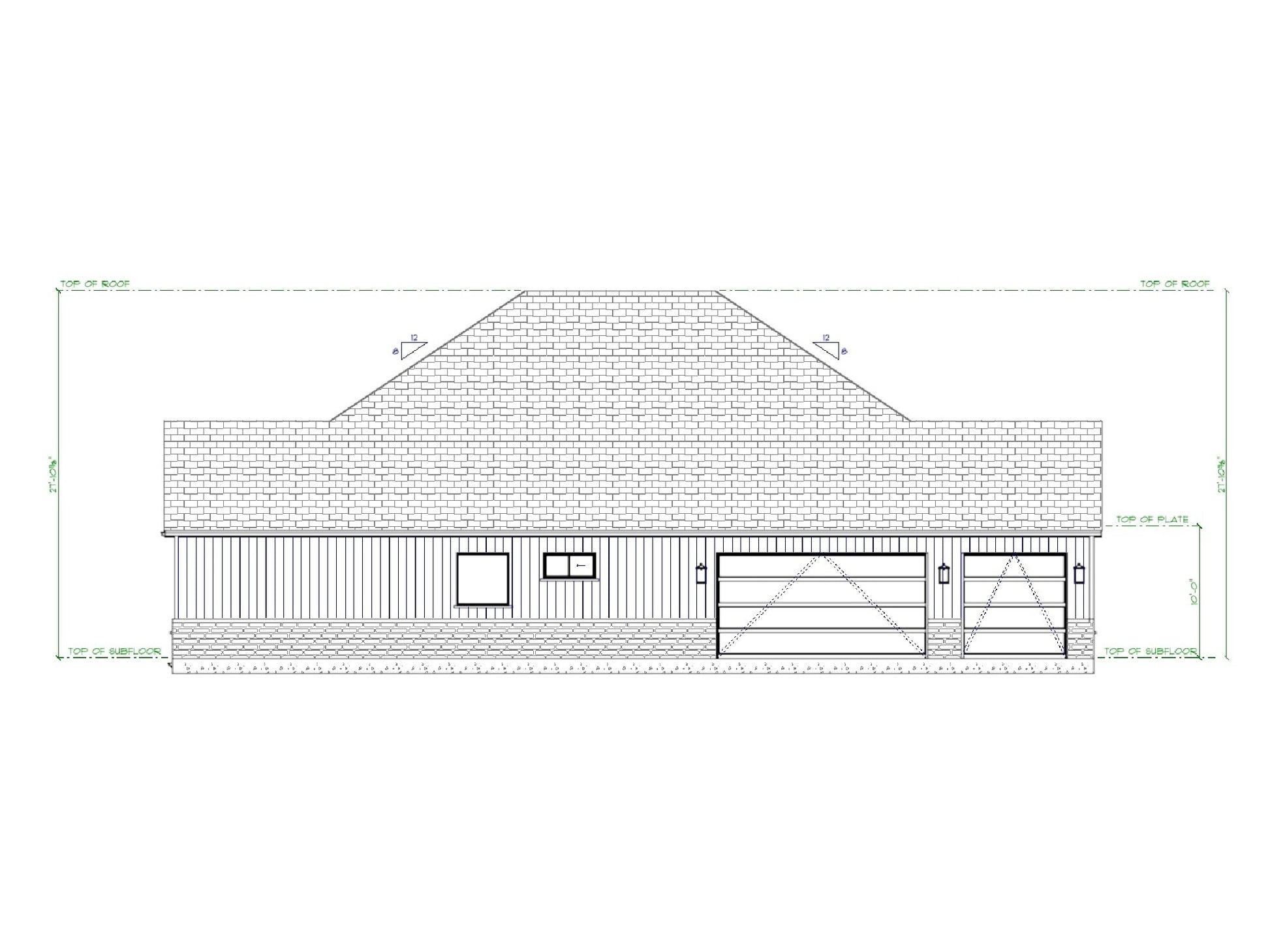 Meadowbrook house plan side elevation with 3 car garage, board and batten siding, and brick base.