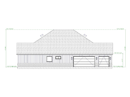 Meadowbrook house plan side elevation with 3 car garage, board and batten siding, and brick base.