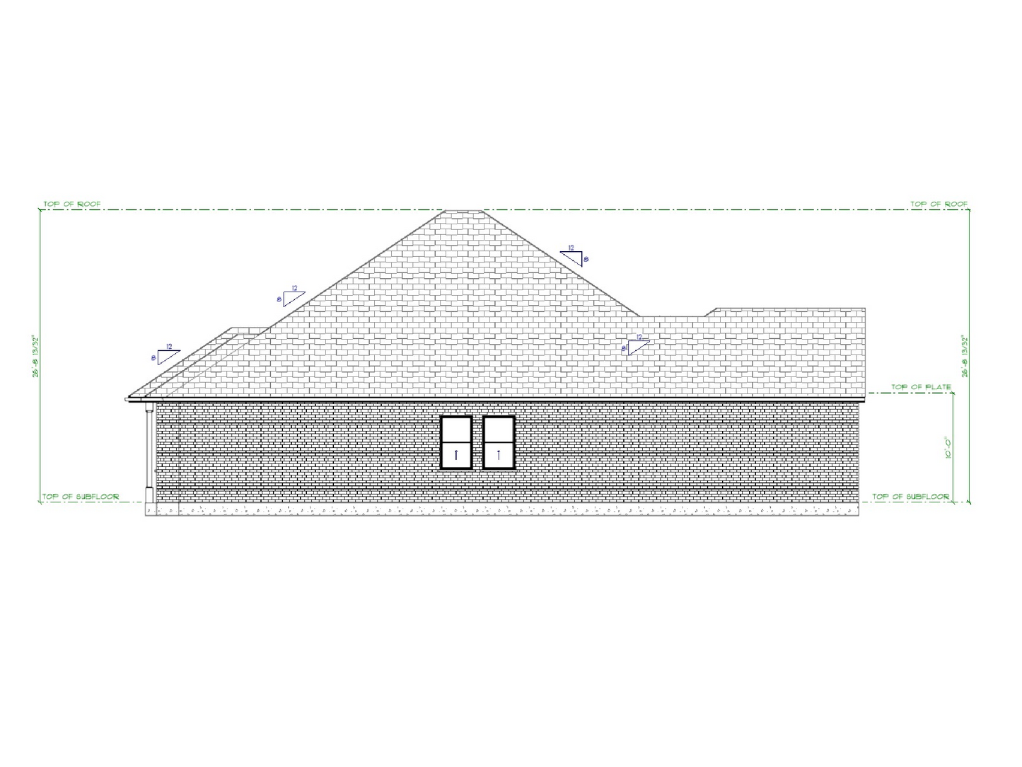 Technical drawing of a building facade with a roof and window