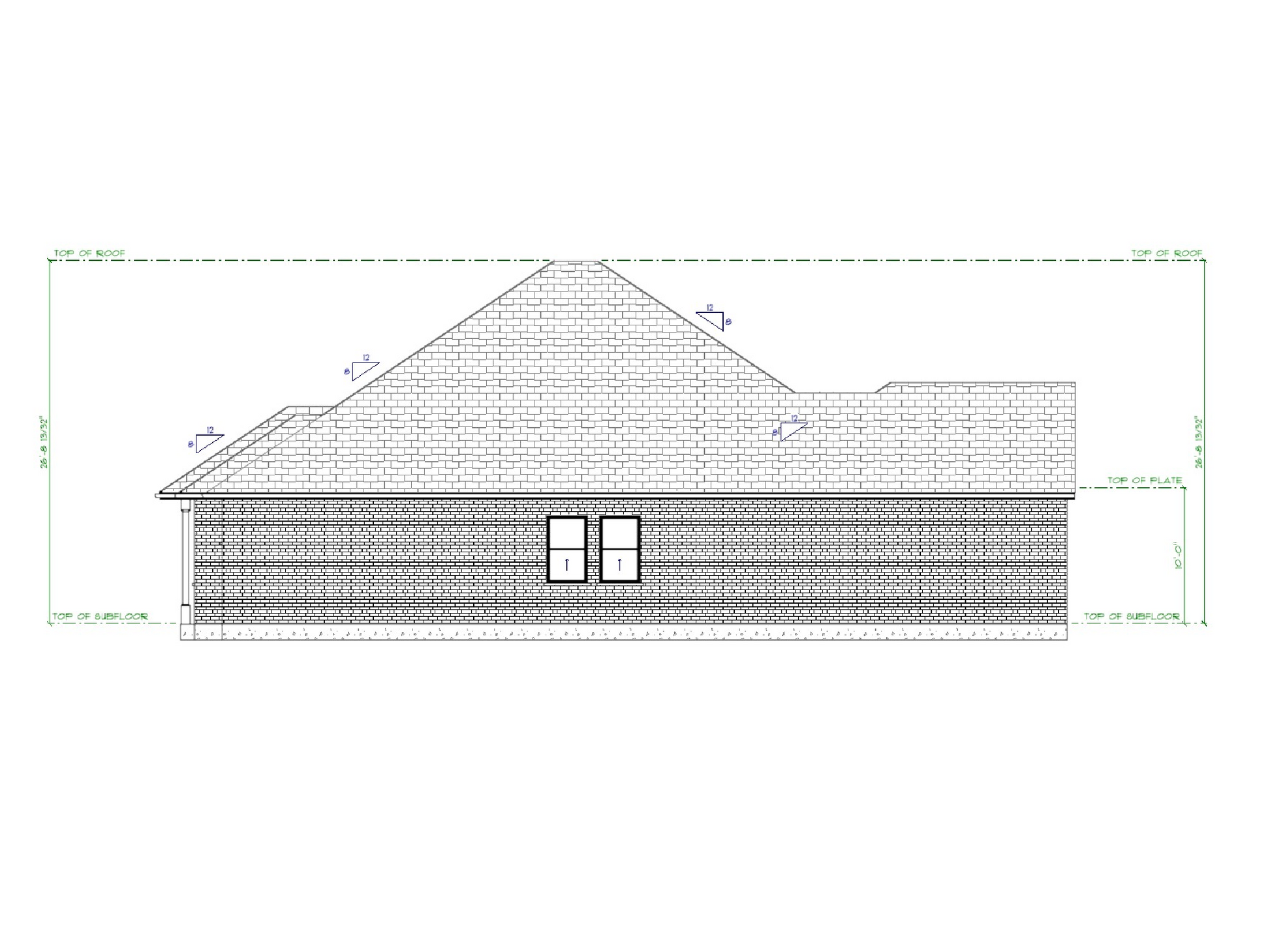 Technical drawing of a building facade with a roof and window