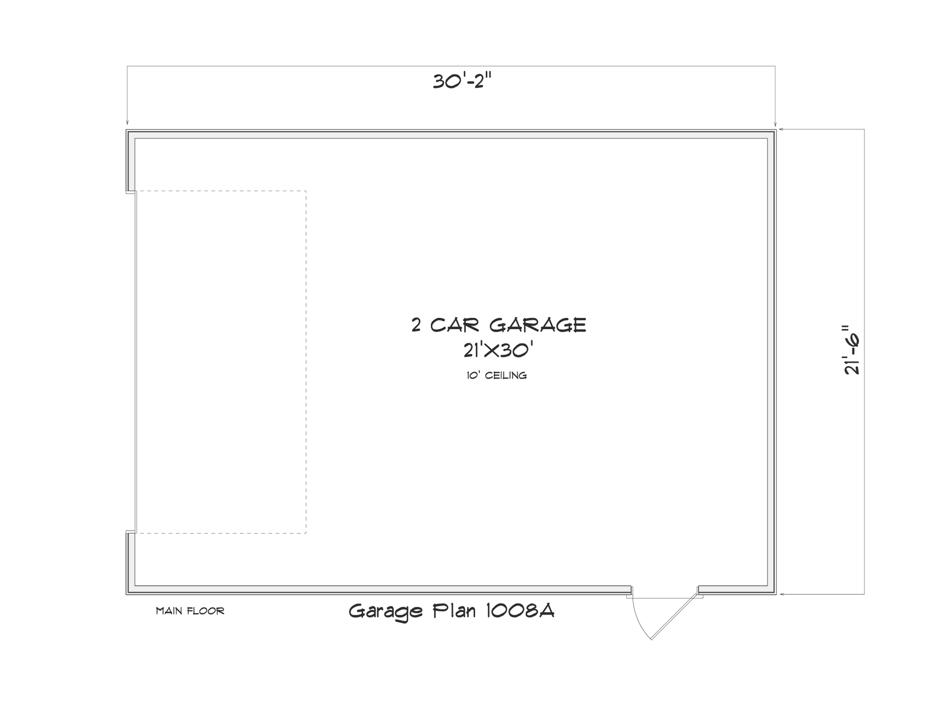 Garage plan layout with dimensions and labels on a white background