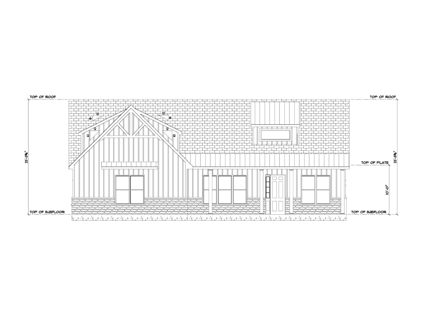 Architectural drawing of a house with a gabled roof and windows.