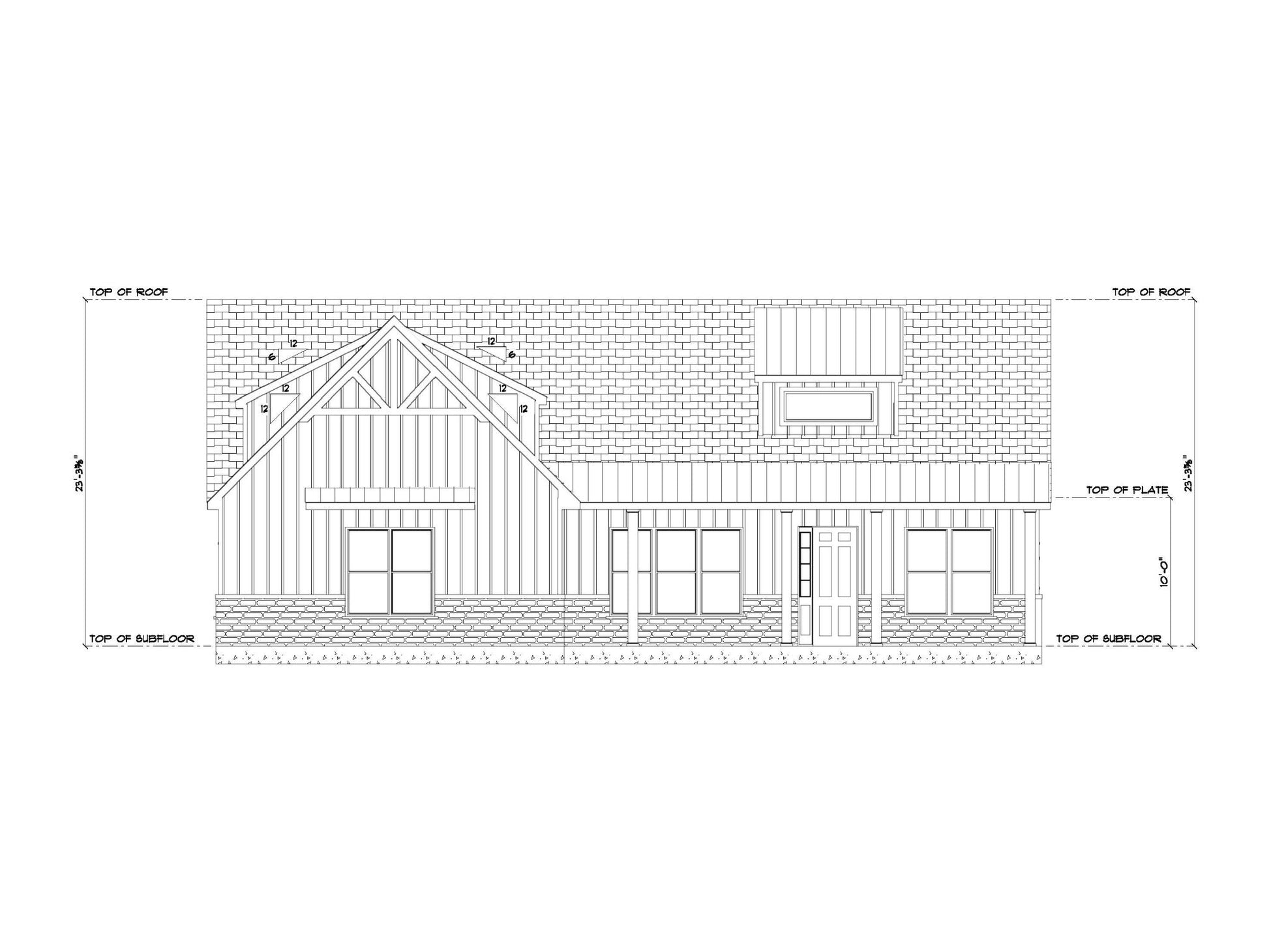 Architectural drawing of a house with a gabled roof and windows.