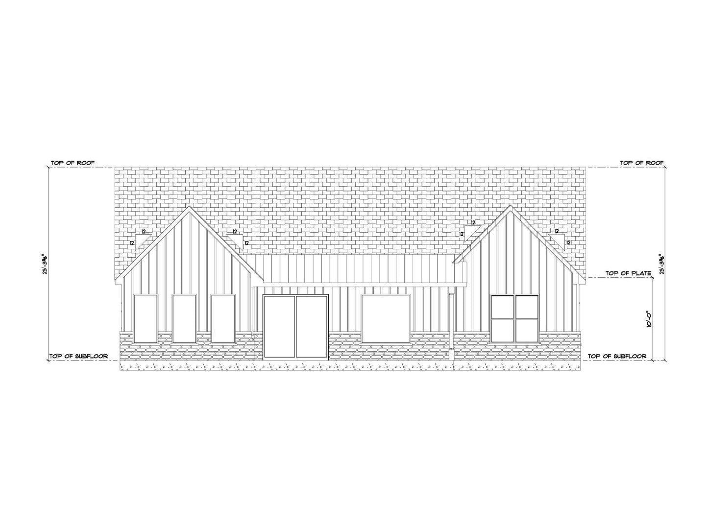 Architectural drawing of a house with dimensions on a white background