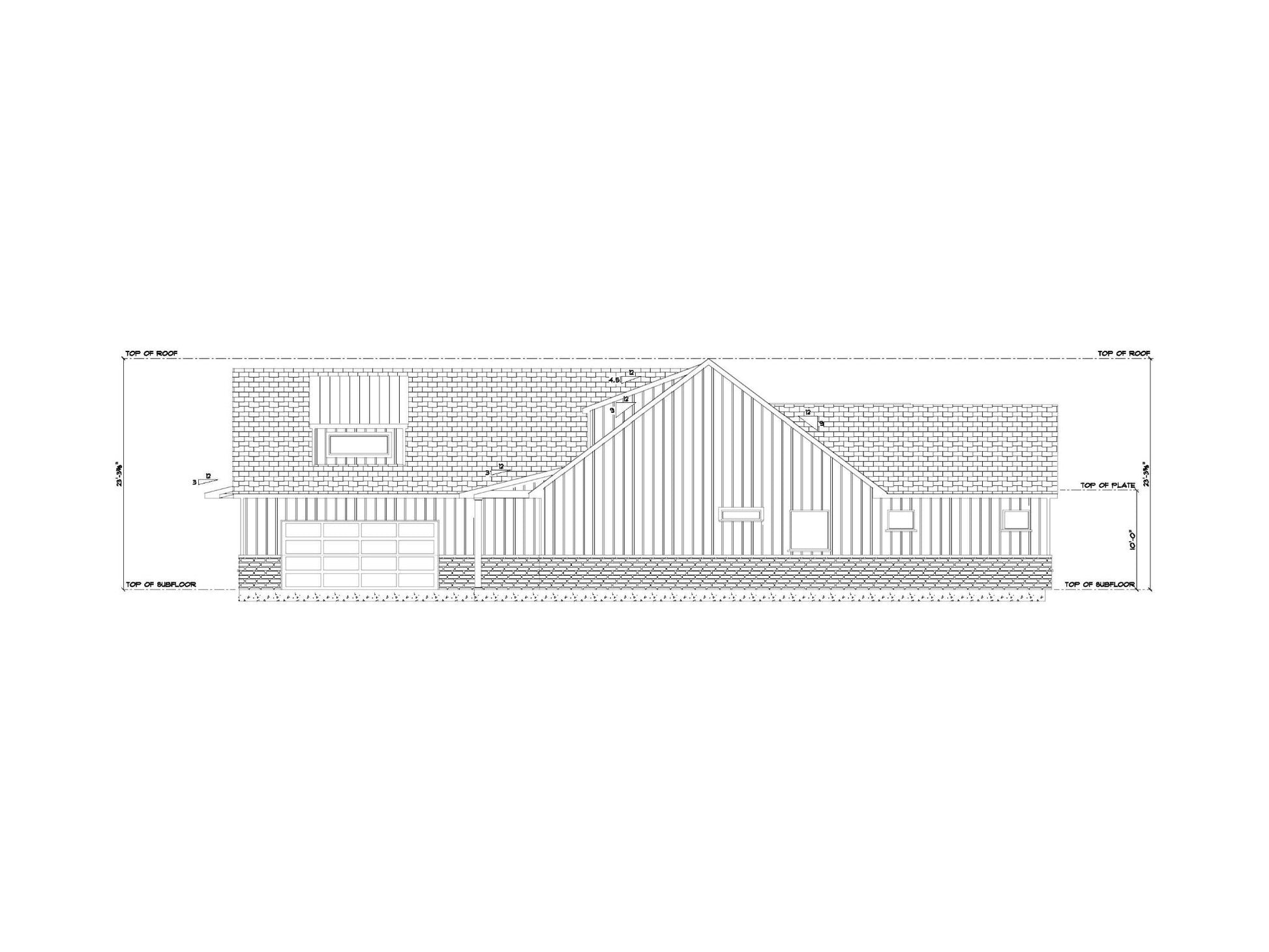 Technical drawing of a house plan with dimensions on a white background