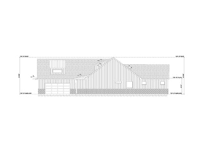 Technical drawing of a house plan with dimensions on a white background