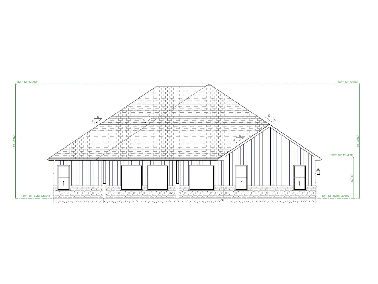 Meadowbrook house plan rear elevation with covered patio, board and batten siding, and brick base.