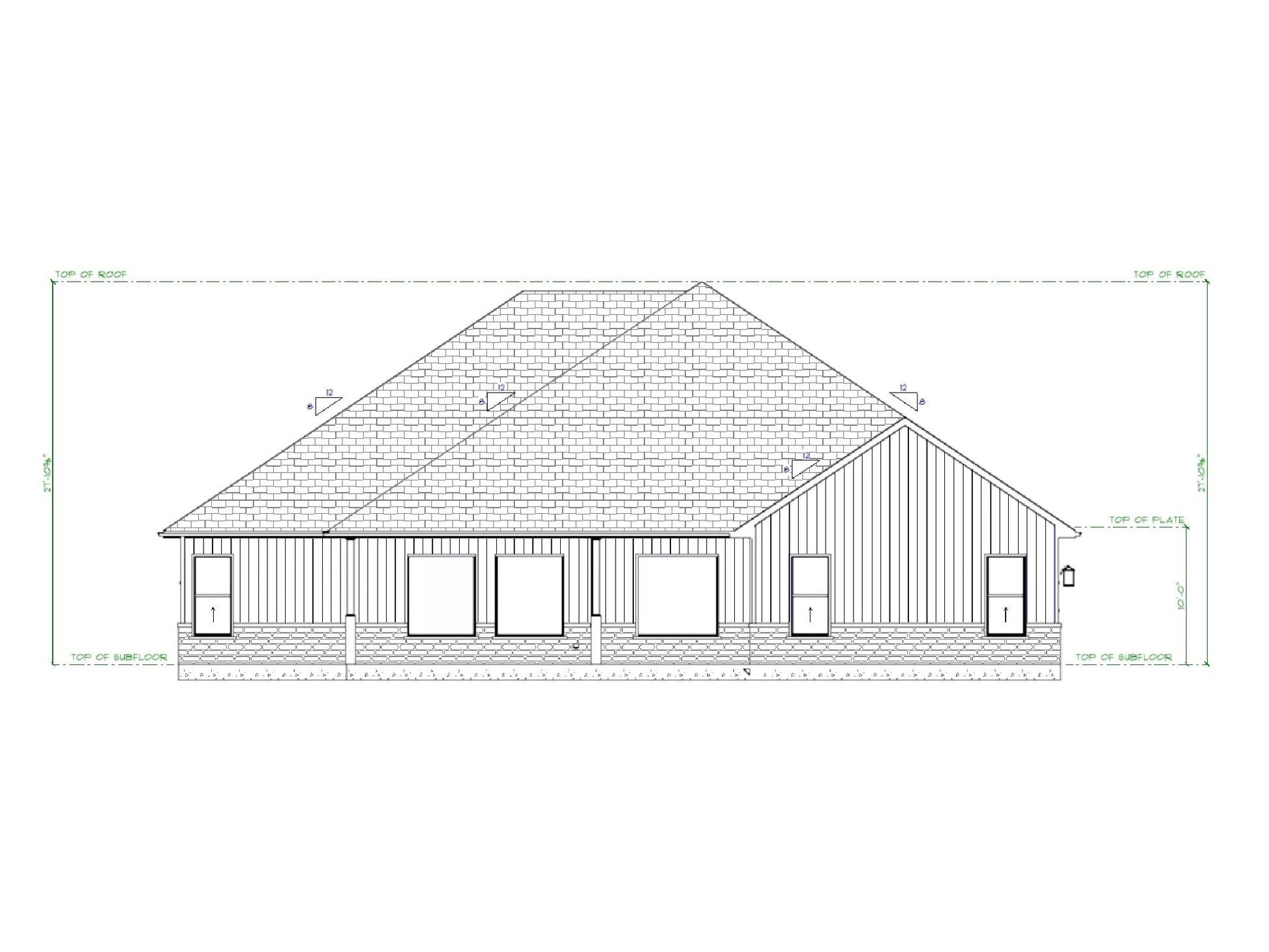 Meadowbrook house plan rear elevation with covered patio, board and batten siding, and brick base.