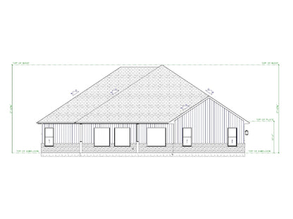 Meadowbrook house plan rear elevation with covered patio, board and batten siding, and brick base.