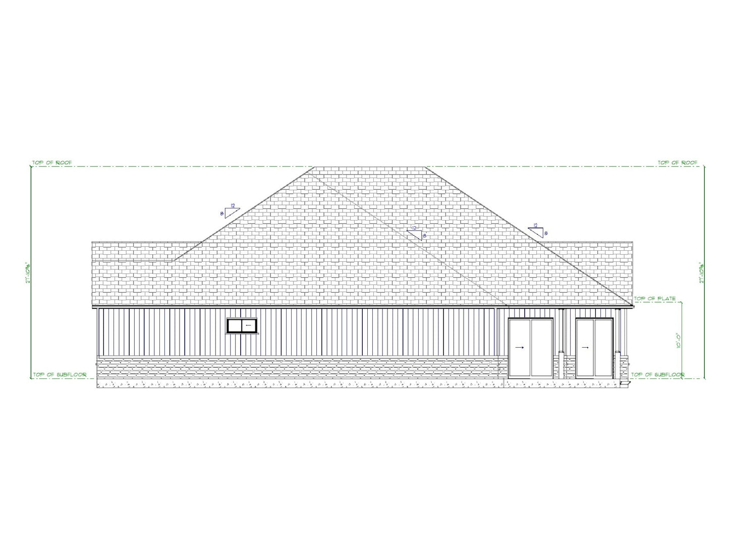 Meadowbrook house plan side elevation with board and batten siding, brick base, and rear patio access.