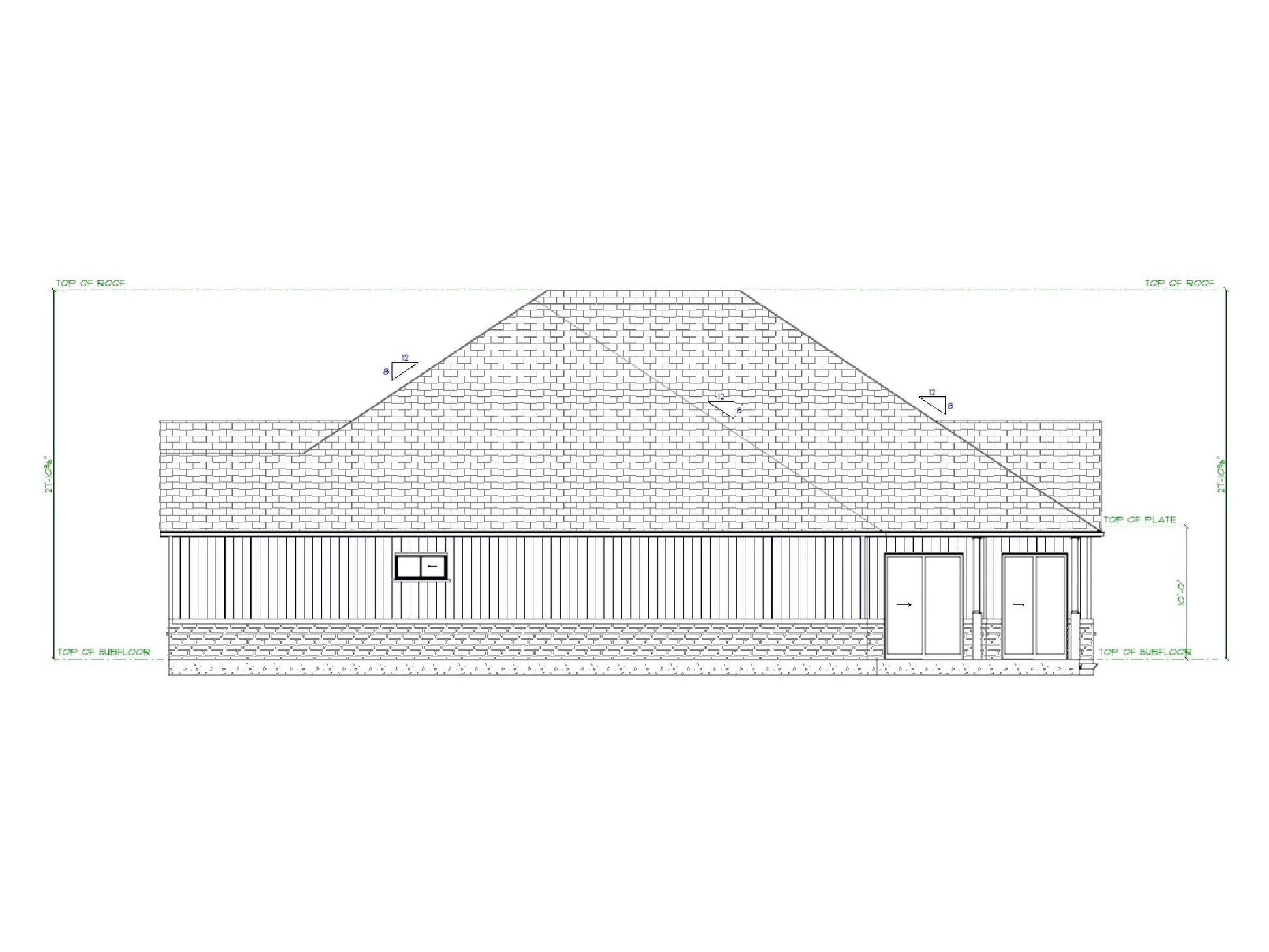 Meadowbrook house plan side elevation with board and batten siding, brick base, and rear patio access.