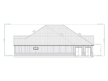 Meadowbrook house plan side elevation with board and batten siding, brick base, and rear patio access.
