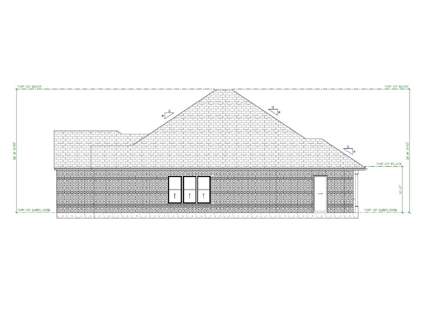 Architectural drawing of a house with a sloped roof and windows.