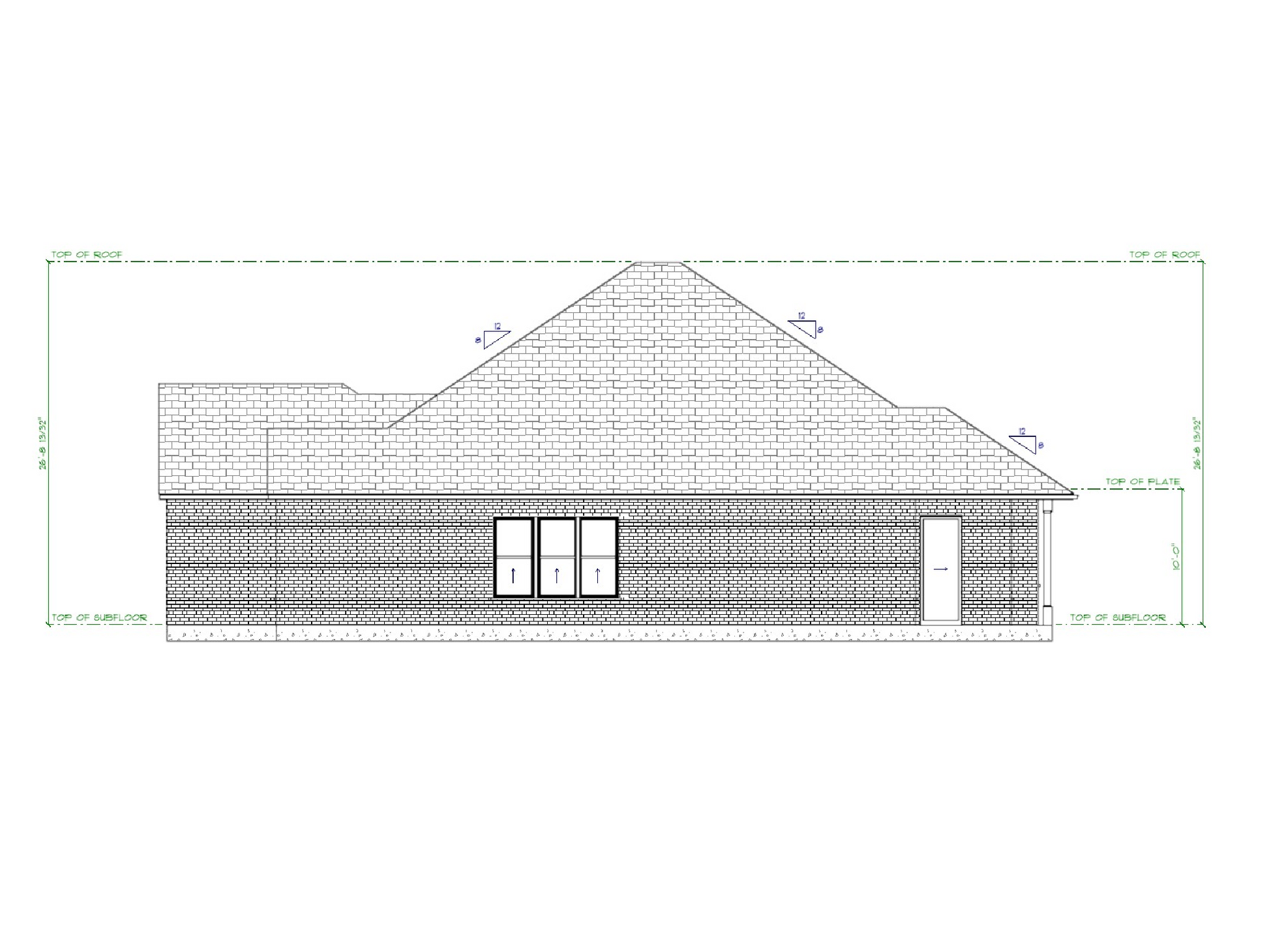 Architectural drawing of a house with a sloped roof and windows.