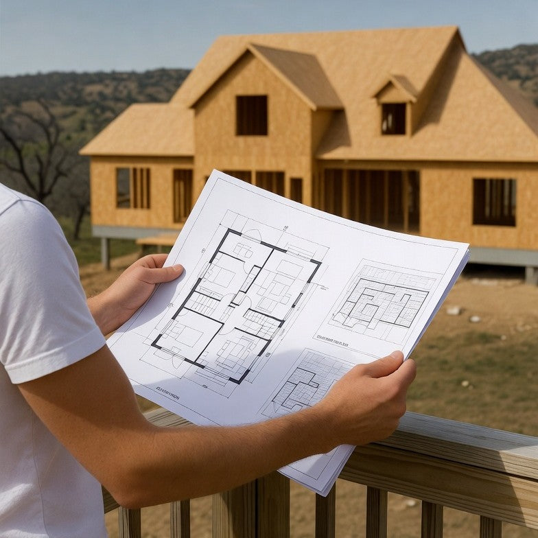 Homeowner or builder reviewing house plans blueprints with framed home under construction in Texas Hill Country background – DAL Plans & Home Designs