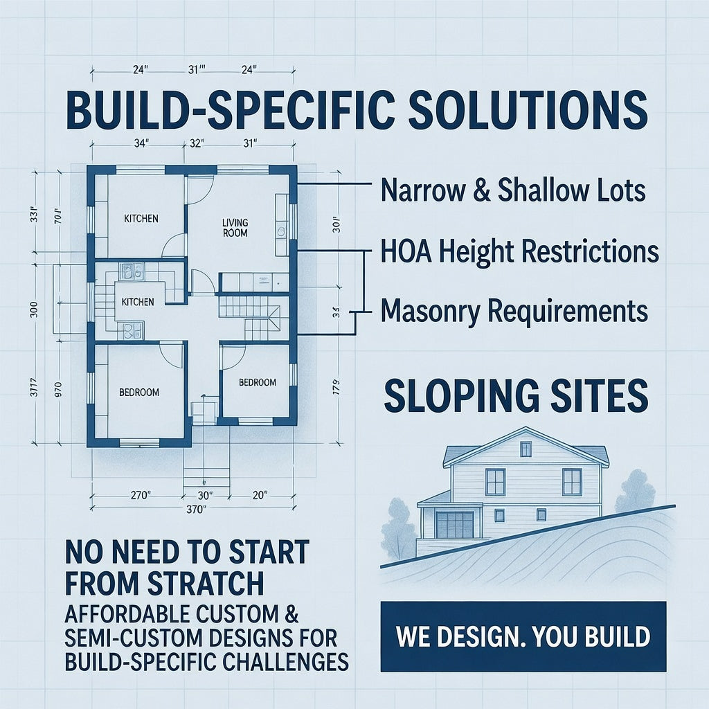 Blueprint floor plan showing custom design solutions for narrow lots, sloping sites, and HOA restrictions on a grid background.