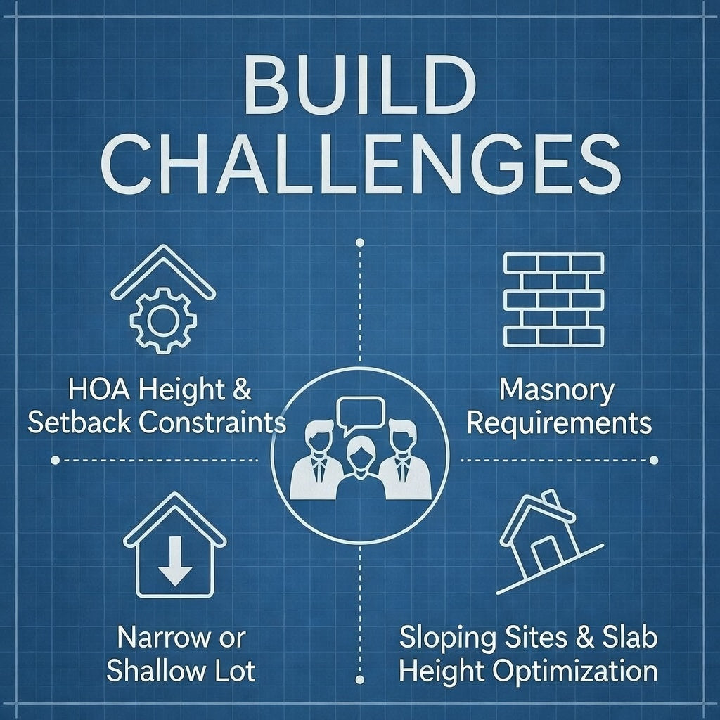 Blueprint-style graphic with 'Build Challenges' and icons representing different issues in construction.