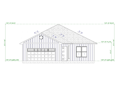 Blueprint of a one-story house with measurements on a white background