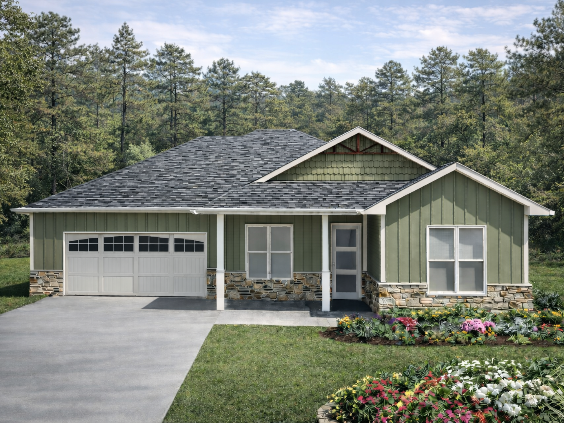 Green house with a driveway and flower garden in front of trees