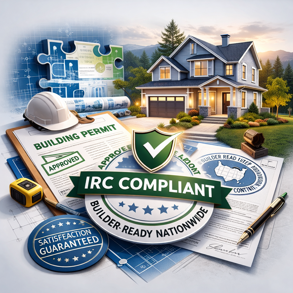 Illustration of a house with building permits, tools, and 'IRC Compliant' text on a blueprints background.