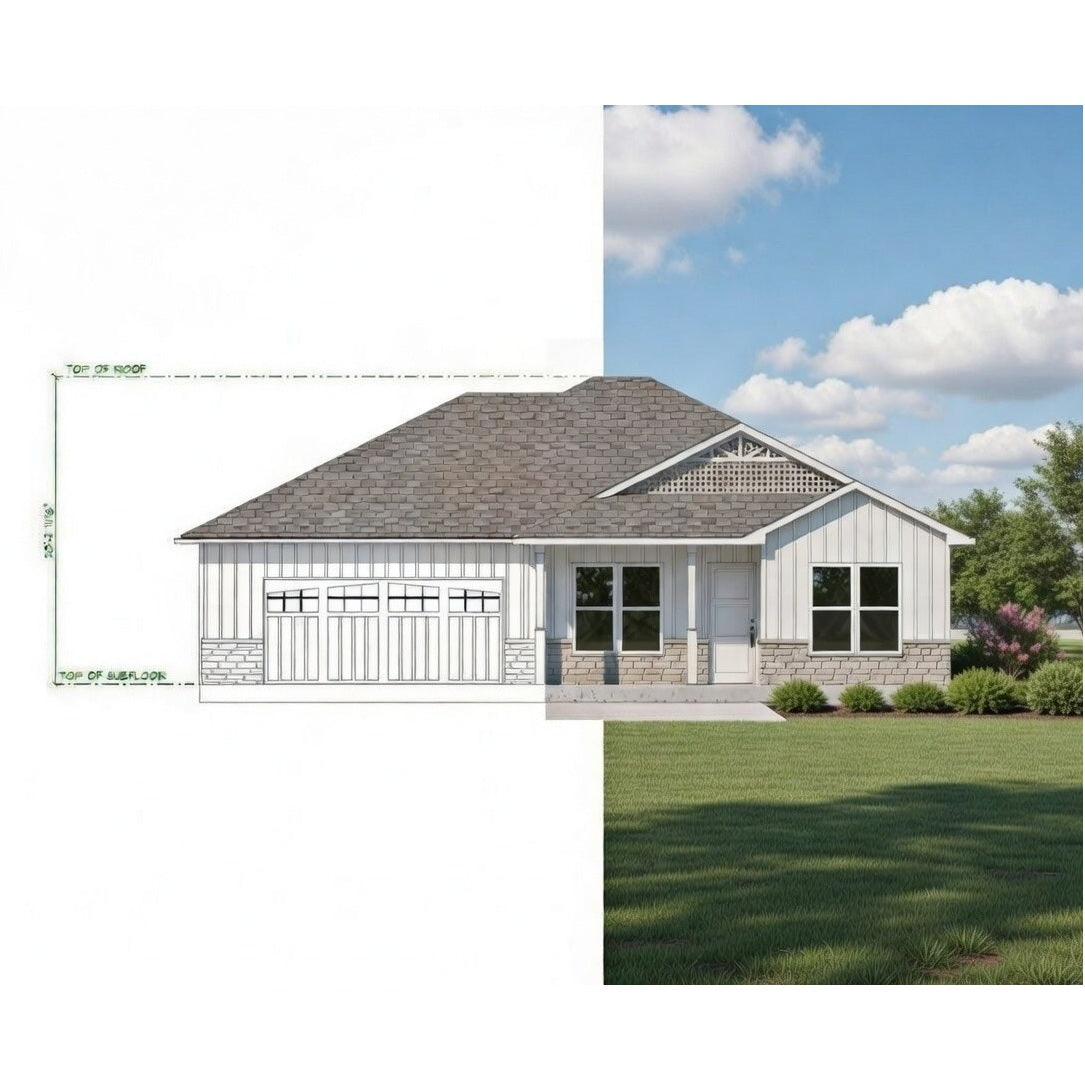 Houses side-by-side: architectural plan on the left, real house on the right with a clear sky.