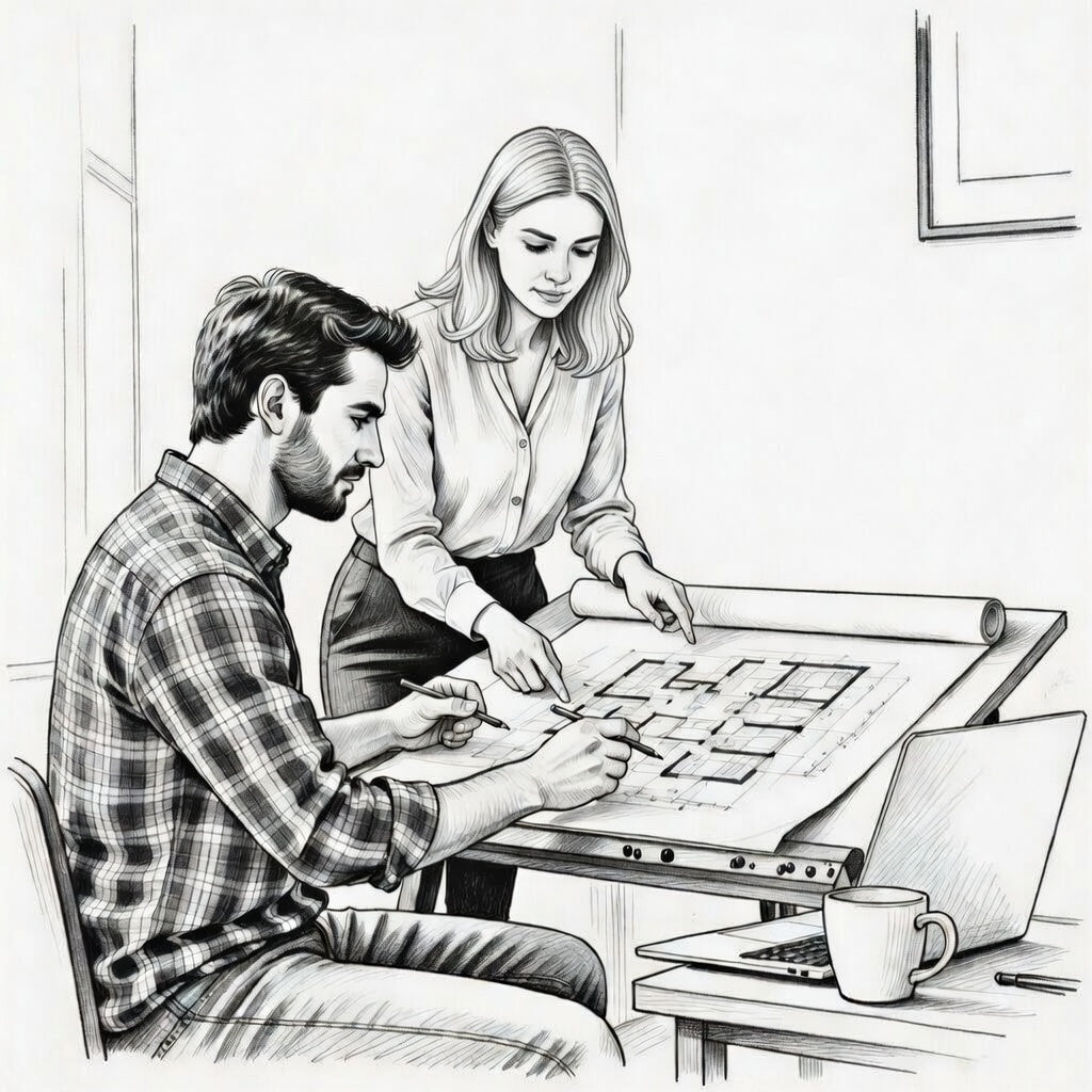 Ink sketch of DAL Plans team collaborating on custom home blueprints at drafting table – builder-focused design process