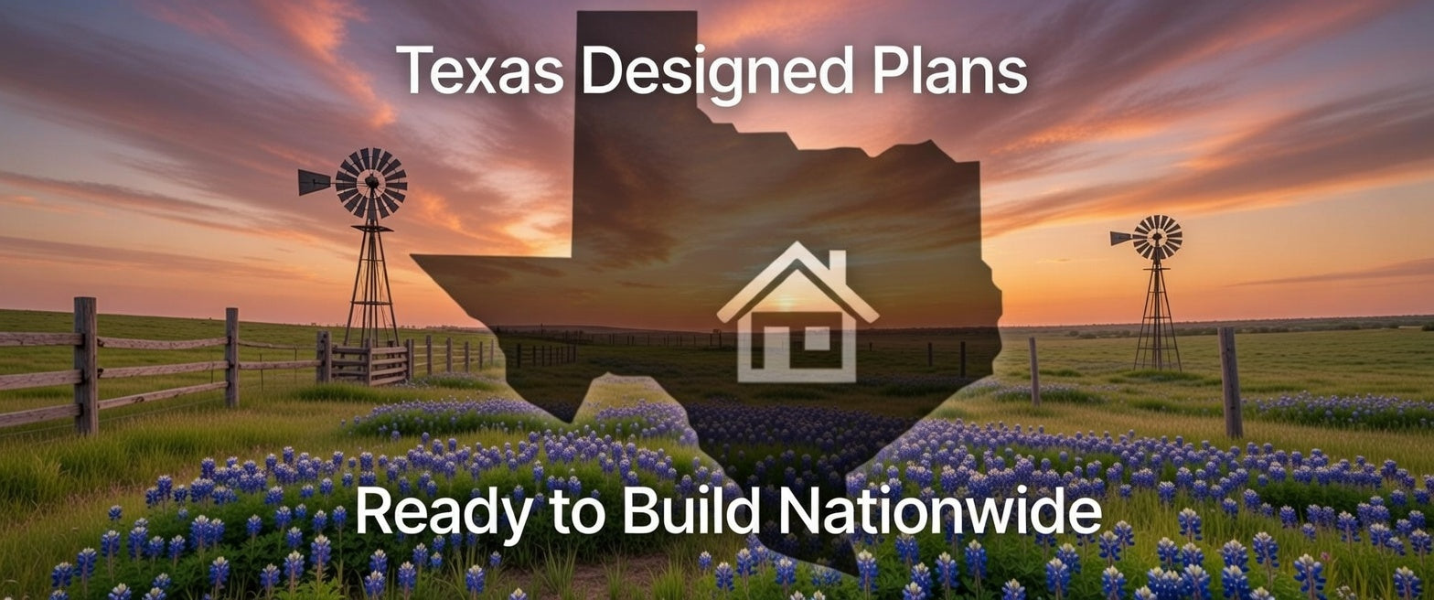 Texas state outline home design banner with bluebonnets, windmills and sunset sky – 'Texas Designed Plans Ready to Build Nationwide' by DAL Plans