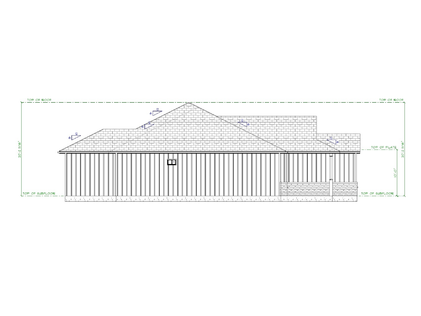 Architectural drawing of a house with a sloped roof on a white background