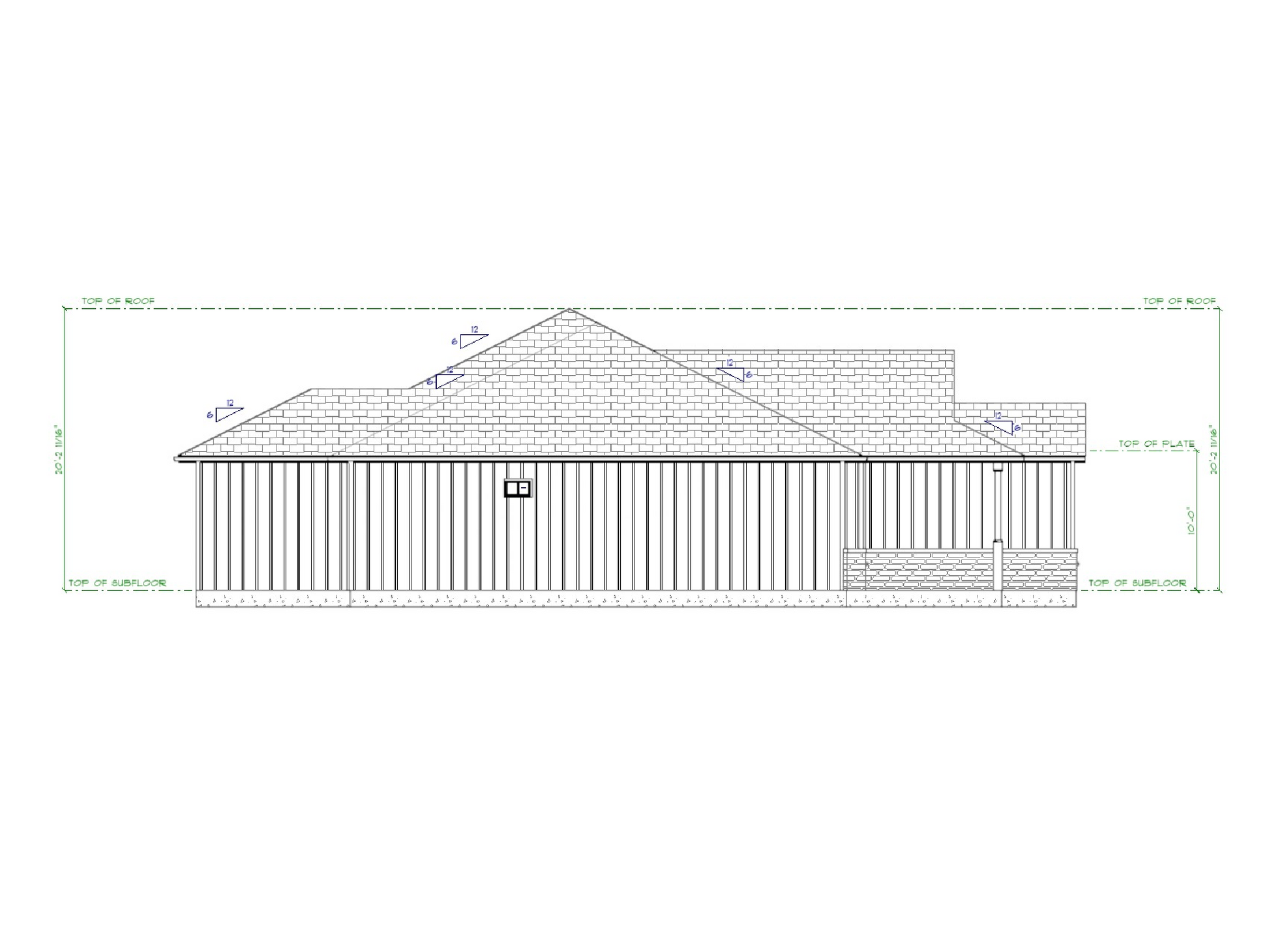 Architectural drawing of a house with a sloped roof on a white background