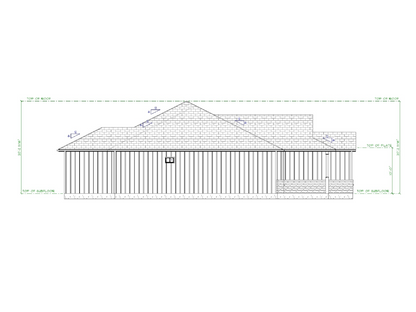 Architectural drawing of a house with a sloped roof on a white background