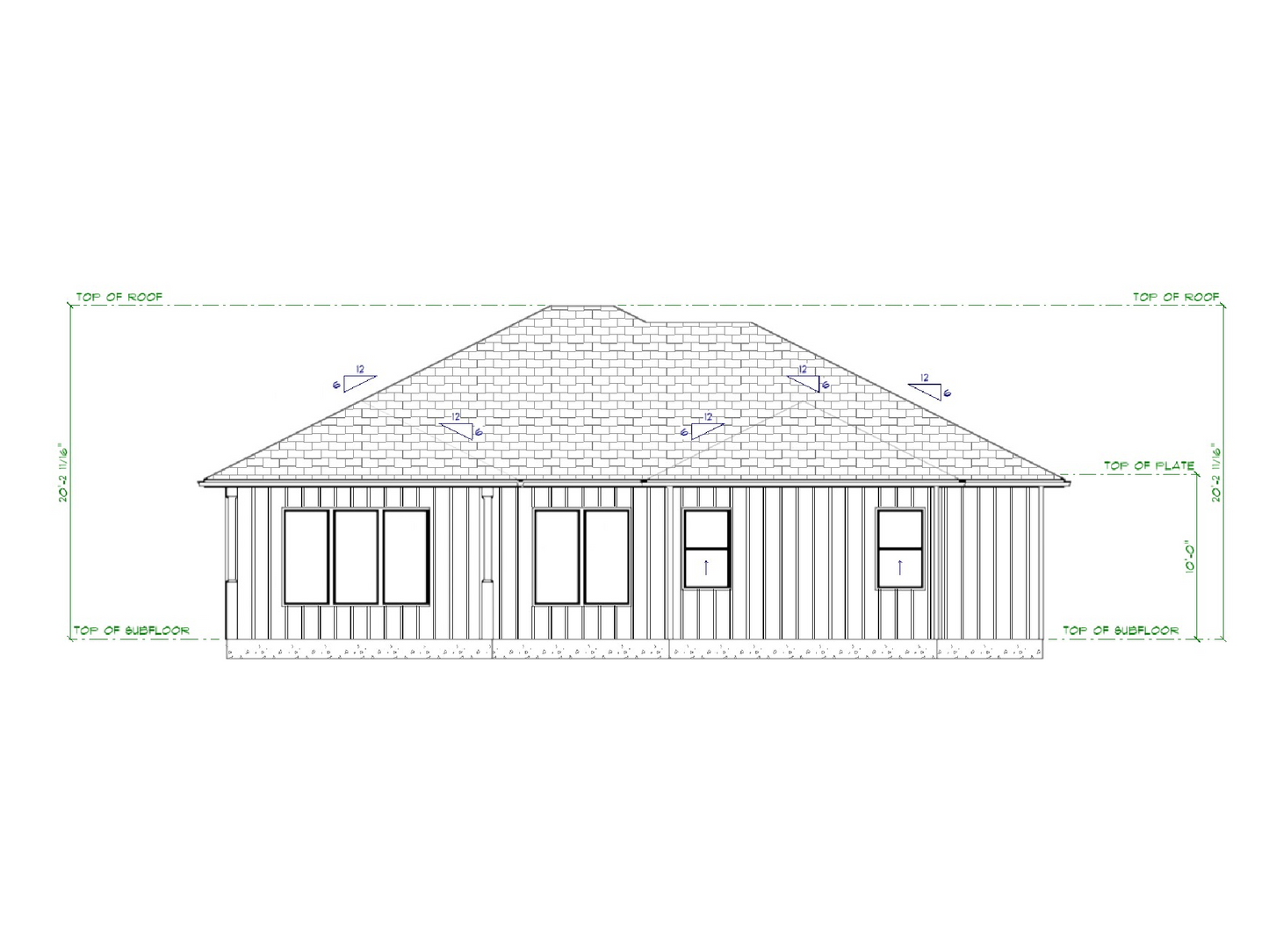 Technical drawing of a house with dimensions on a white background