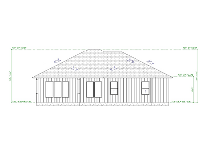 Technical drawing of a house with dimensions on a white background