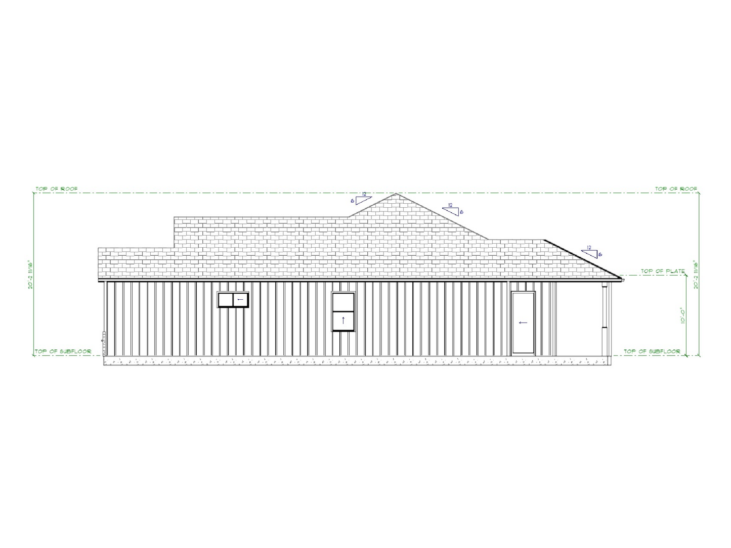 Technical drawing of a house plan with dimensions on a white background